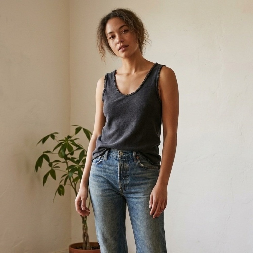 American Vintage Women Top Small Black Acid Wash Raw Edge Scoop Neck Grunge Edgy